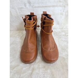 Socofy Brown Leather Wrap Lace Ankle Boots Bohemian Flat Booties Womens 5.5